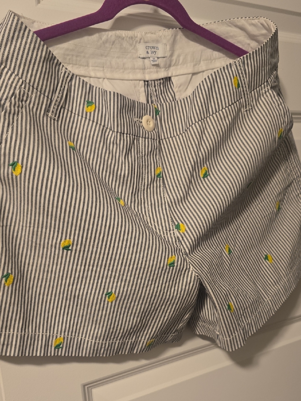 Crown & Ivy navy striped shorts with yellow lemon embroidery